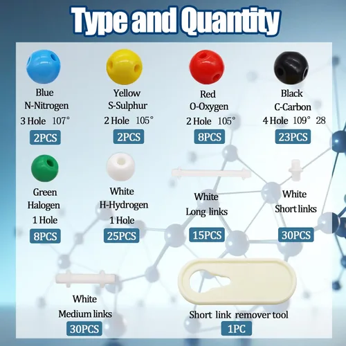 Miniatura 2 de Kit de modelo molecular de química orgánica de 144 piezas, juego de modelos moleculares para química inorgánica y orgánica, incluye 68 átomos, 75