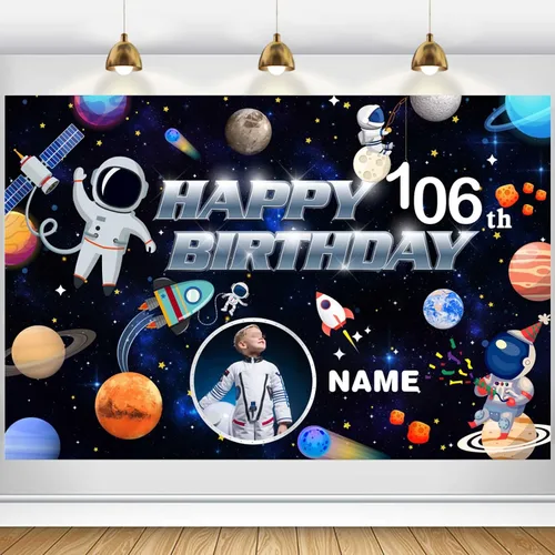 Miniatura 12 de Cartel personalizado de decoración de cumpleaños número 106 con tema azul marino, pancarta de tela personalizada para suministros de fiesta