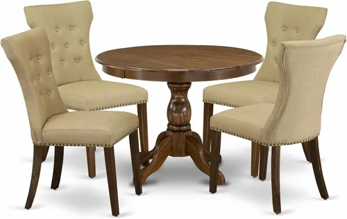 East West Furniture HBGA5-AWA-03 - Juego de mesa de comedor de 5 piezas para 4 personas, incluye una mesa de cocina redonda con pedestal y 4 sillas