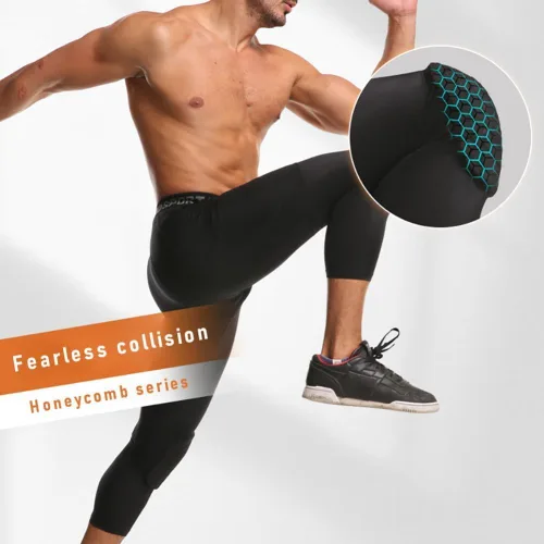 Miniatura 10 de Paquete de 2 pantalones de baloncesto para hombre con rodilleras 3/4 capri acolchadas, mallas de compresión deportivas, capa base atlética