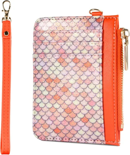 Miniatura 10 de Cartera pequeña de cuero con protección RFID de sirena para tarjetas de crédito, cartera delgada con correa para la muñeca con bolsillo
