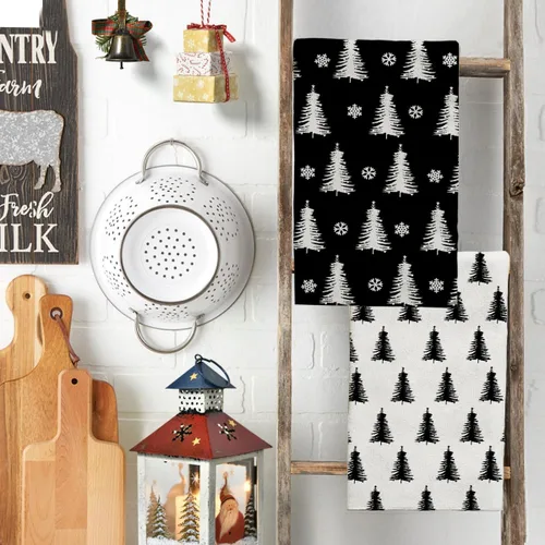 Miniatura 3 de Juego de 2 toallas de mano para árbol de Navidad, color blanco y negro, juego de 2 toallas de baño absorbentes de copos de nieve, toallas