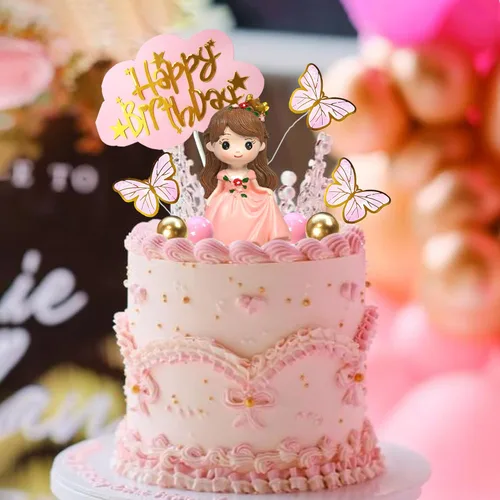 Miniatura 5 de 19 piezas Decoración de pastel de princesa con castillo, mariposas y bolas para suministros de cumpleaños de princesa (rosa)