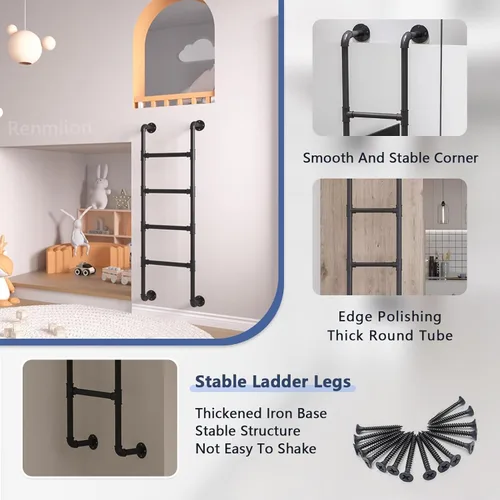 Miniatura 3 de Metal Loft Bed Ladder Wall Mounted，Wrought Iron Bunk Bed Ladder Attic Stairs Entrance Egress Ladder with Mounting Fittings Black Step Ladders，Loads