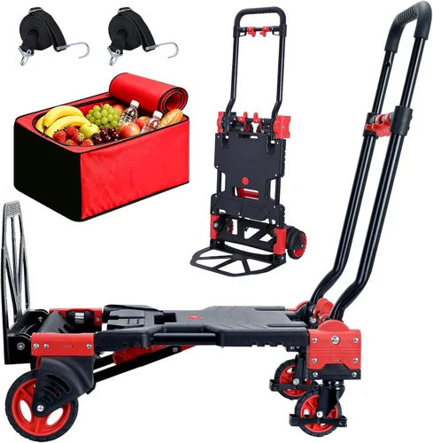 Miniatura 9 de Carro de mano plegable 2-1, carrito de mano de capacidad de 330 libras, carretilla de mano plegable con mango retráctil y 4 ruedas de goma, carrito