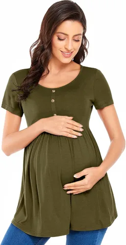 Miniatura 2 de POSHGLAM Camisetas de maternidad para mujer, cuello redondo, ropa de embarazo fruncida con acento de botón