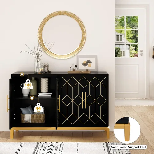 Miniatura 5 de HLR Gabinete de Acento con 4 Puertas y Estantes, Gabinete Aparador Buffet con Ribete Dorado, Almacenamiento Negro Moderno para Sala de Estar