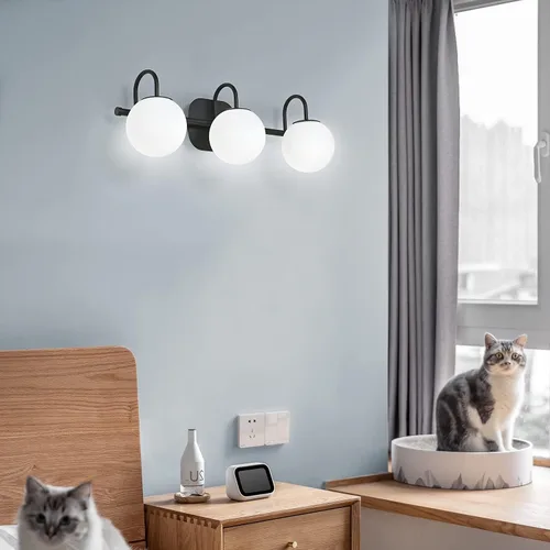 Miniatura 6 de Moderna lámpara negra para tocador de baño, accesorios de iluminación de 3 luces, marco y pantalla de globo de vidrio blanco leche, aplique de pared