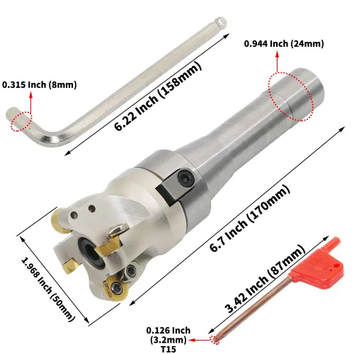 Miniatura 6 de Porta-fresa de molino de cara EMRW 6R 50-22+R8-FMB22-7/16+RPMT1204 Hoja de aleación dura+Llave de 8 mm+Llave T15, utilizado para el mecanizado