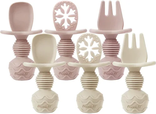 Miniatura 9 de PandaEar Paquete de 4 tenedores de cuchara de destete de silicona para bebés, juego de utensilios de autoalimentación para el primer entrenamiento