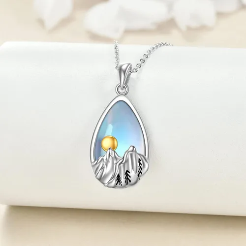 Miniatura 2 de YFN Collar de plata de ley con dije de onda del océano y cadena de montaña, regalo de joyería para esquiadores, excursionistas, campistas