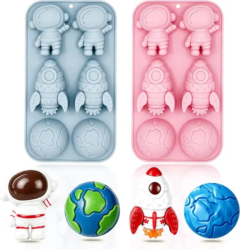 Paquete de 2 moldes de silicona de astronauta con 6 cavidades 3D con temática espacial de cohetes para niños, bandeja de molde para hornear tierra,