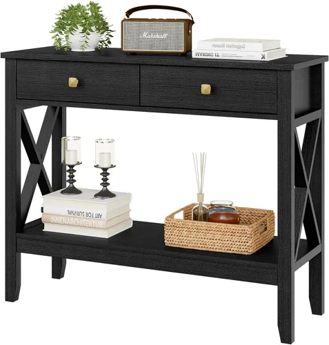Lomojo Mesa consola, mesa de sofá de 13.8 pulgadas de profundidad x 39.37 pulgadas de ancho x 31.5 pulgadas, mesa de entrada con 2 cajones, estante