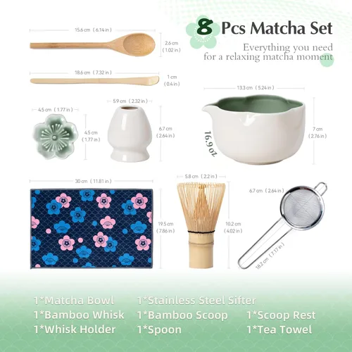Miniatura 3 de Juego de Matcha, Juego de Matcha de Cerámica Floral de 8 Piezas con Batidor de Matcha, Soporte, Cuchara, Reposa-cuchara, Colador, Cuchara y Paño