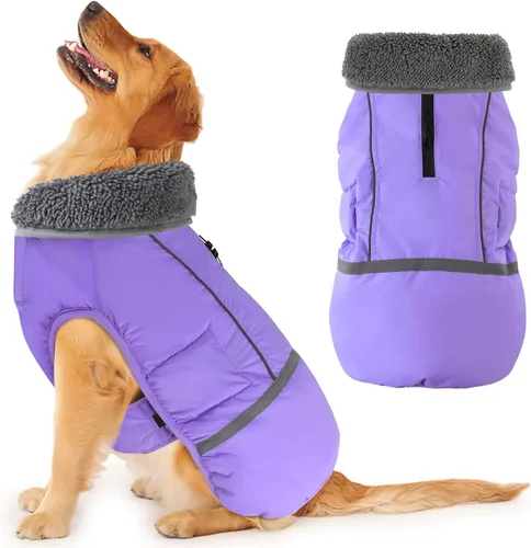 Miniatura 18 de Dogcheer Abrigo cálido para perro, ropa de invierno con cuello polar, chaqueta reflectante para mascotas, ropa para clima frío, chaleco impermeable