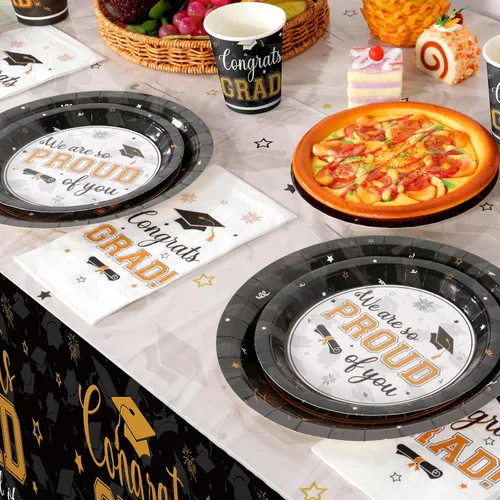 Miniatura 5 de Suministros para fiesta de graduación, juego de platos y servilletas de graduación de felicitaciones, vajilla desechable, platos de papel