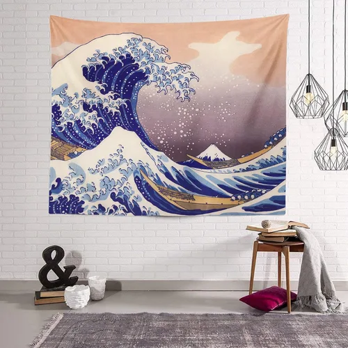 Miniatura 6 de IcosaMro Tapiz de gran ola para dormitorio, arte para colgar en la pared, decoración de pared grande con bordes dobladillos, manta de pared