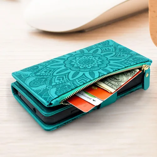 Miniatura 5 de Harryshell Funda de cuero desmontable con cremallera magnética con bolsillo para monedas, 12 ranuras para tarjetas, correa de muñeca para Samsung