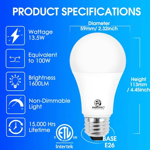 Miniatura 2 de Energetic - Bombilla LED A19 equivalente a 100 W, luz diurna 5000 K, base E26, no regulable, 1600 lúmenes, certificación ETL, paquete de 4 5000K luz