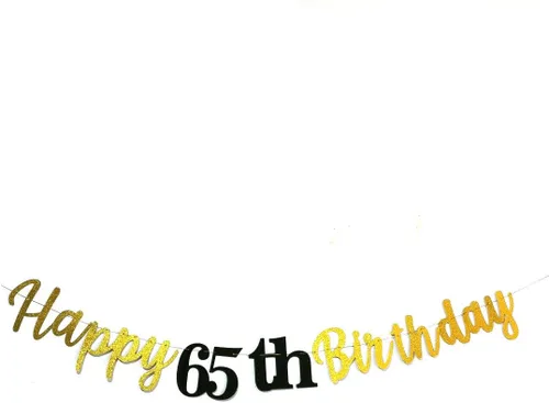 Cartel de feliz cumpleaños 65 con letras negras con purpurina para colgar banderines para mujer o hombre de 65 años, suministros de decoración de