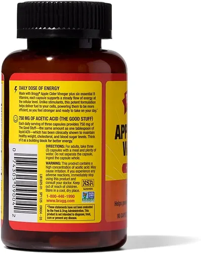 Miniatura 9 de Bragg Energy Cápsulas de vinagre de sidra de manzana con vitaminas B-12, 90 cápsulas, control de peso, sin OMG, vegano, sin gluten, sin azúcar
