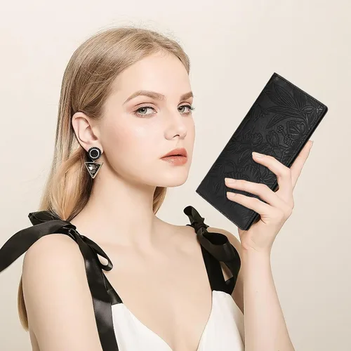Miniatura 3 de FALAN MULE Cartera delgada ultrafina para mujer, de cuero plegable, bloqueo RFID, tarjetero de diseño, Negro