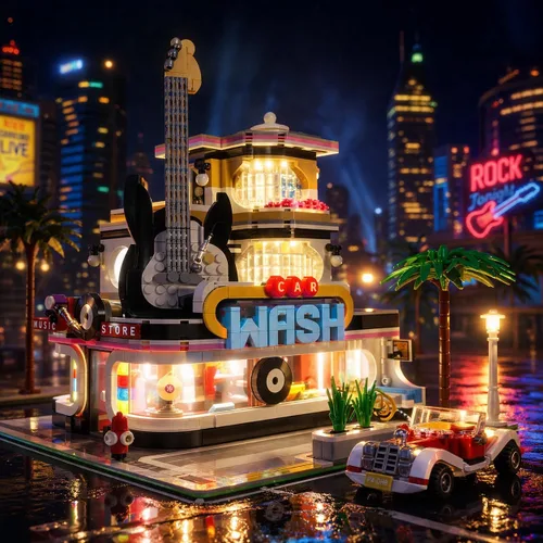 Miniatura 8 de General Jim's Tienda de música y lavado de autos Street View Modular City Building Block Set, 2,168 piezas con kit de luz Juguetes y ladrillos GJ