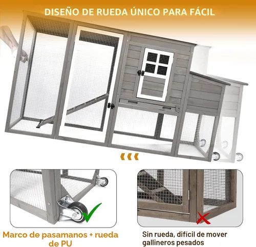 Miniatura 4 de Gowoodhut Gallinero de madera maciza con jaula grande de 2 pisos, techo de asfalto, caja nido, ruedas de PU, perca de pollo con poste Techo