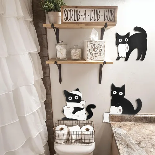 Miniatura 4 de Dripykiaa Divertida decoración de baño de gato negro, 3 piezas de decoración de pared de gato negro de madera, única para los amantes de los gatos