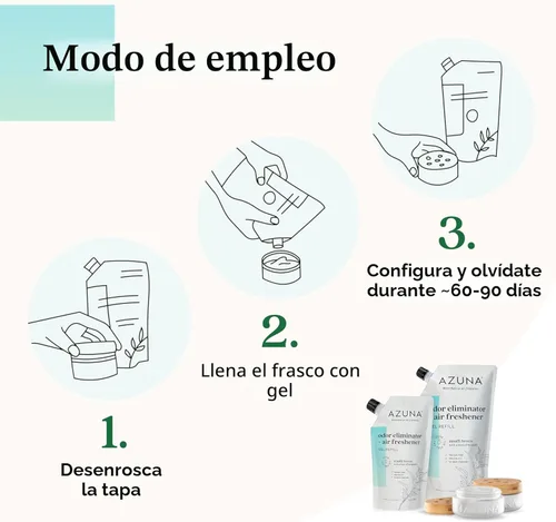 Miniatura 3 de Ambientador y eliminador de olores Azuna en gel para olores fuertes, recarga de 24 oz con aceite de árbol de té A base de plantas y de larga