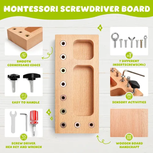 Miniatura 3 de TenFans Montessori - Tabla de actividades para niños pequeños de 3 a 5 años, tablero de actividades de destornillador de madera, juguete