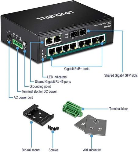 Miniatura 10 de TRENDnet Conmutador industrial Gigabit PoE+ de 10 puertos, 8 puertos Gigabit PoE+, Montaje en carril DIN, 2 ranuras SFP, Presupuesto de alimentación