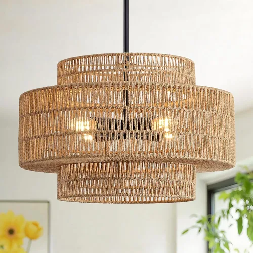 Miniatura 10 de 12.4” Candelabro de ratán boho, 1 luz, lámpara colgante tejida a mano, lámpara colgante rústica de estilo granja para isla de cocina, recámara