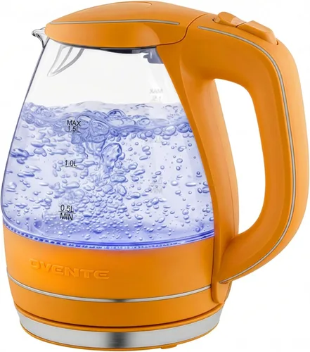 OVENTE Hervidor Eléctrico, 1.5L de Vidrio de Borosilicato para Encimera, Calentador y Hervidor de Agua para Café o Té, Libre de BPA, Apagado Naranja