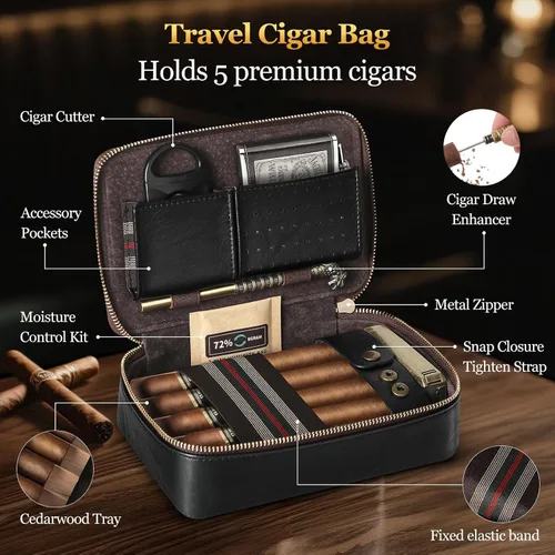 Miniatura 2 de Humidor de puros, humidor de puros de viaje de cuero, estuche portátil para puros con potenciador de tiro de puros y cortador de puros multifunción
