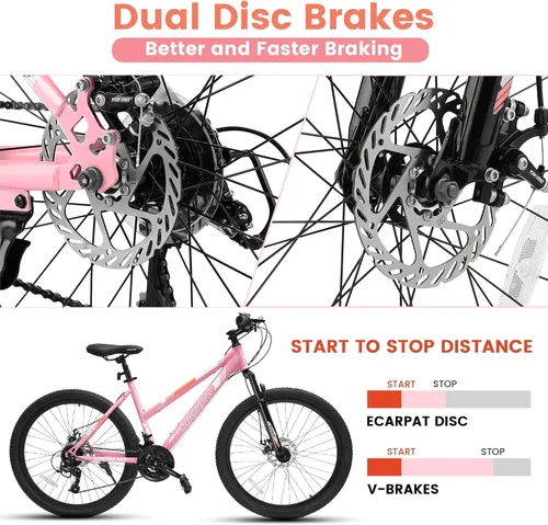 Miniatura 6 de Ecarpat 24/26 Inch Mountain Bike for Women Girls, 21-Speed Mountain Bicycle with Disc/V-Brakes and Front Fork Suspension, Carbon Steel Frame MTB Bike