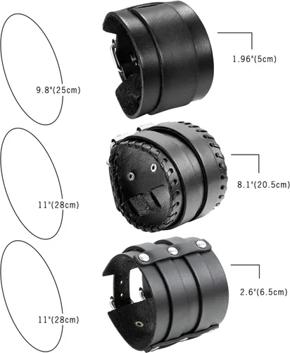 Miniatura 2 de Cupimatch 3 pulseras de cuero ajustables negras, pulsera de cuero ancho punk rock para hombres para el día del padre