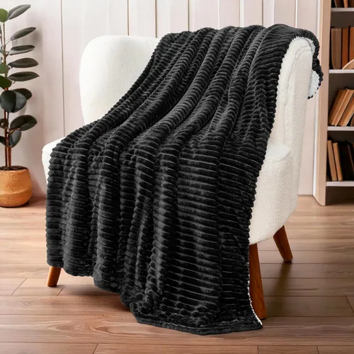 Miniatura 3 de PAVILIA Manta negra de forro polar Sherpa para sofá, manta suave y mullida, manta Sherpa de franela esponjosa para sofá, cálida manta de invierno