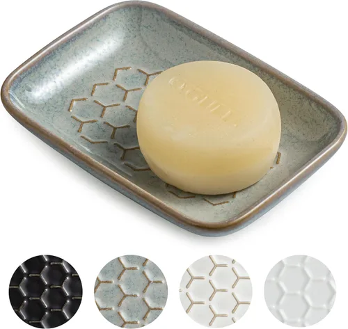 Miniatura 11 de Gomakren Jabonera para ducha, soporte de cerámica para jabón con diseño de panal, bandeja ahorradora de jabón para fregadero de cocina y baño, Beige