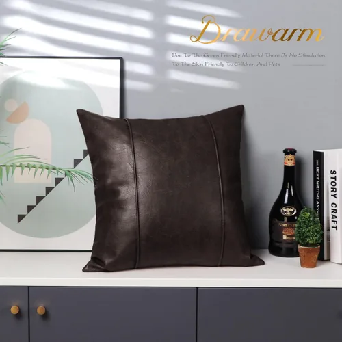 Miniatura 5 de BRAWARM Fundas de Almohada Decorativa de Cuero Café de 22 x 22 Pulgadas - Funda de Almohada de Piel Sintética con Ribetes, Almohada Decorativa