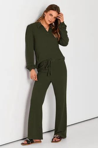 Miniatura 5 de PRETTYGARDEN Conjunto de dos piezas de ropa de otoño para mujer, manga larga, solapa, cuello en V, blusas, pantalones de pierna ancha, chándal