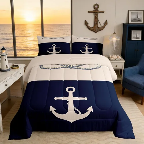 Miniatura 32 de Juego de edredón de brújula azul marino, tamaño individual, 2 piezas, diseño náutico de vela, estilo simple, para niños, adolescentes, adultos
