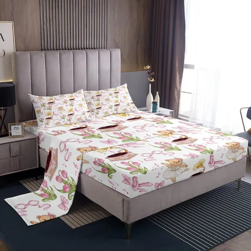 Miniatura 3 de Juego de sábanas de princesa con lazo rosa para niños, tamaño individual, zapatos de ballet, juego de ropa de cama de dibujos animados de oso