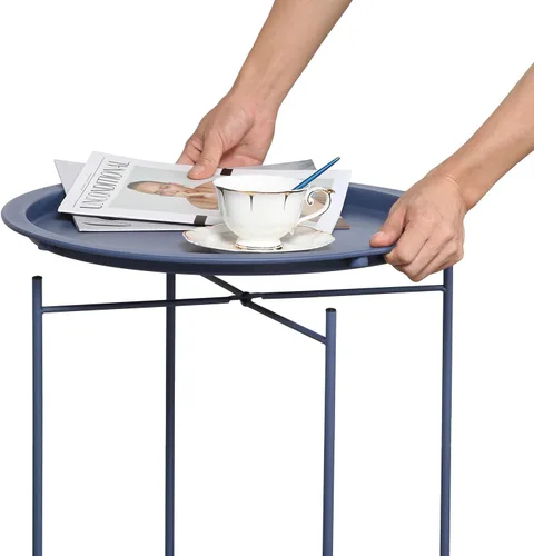 Miniatura 7 de VECELO Mesas auxiliares modernas, bandeja plegable redonda de metal, mesita de noche estable para exteriores, espacio pequeño, sala de estar y Azul