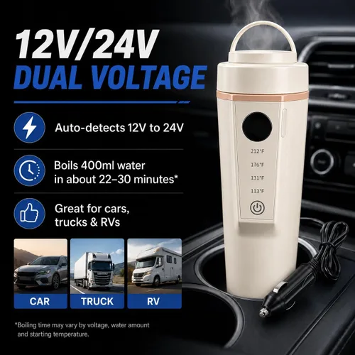 Miniatura 4 de Hervidor eléctrico para automóvil de 12 V/24 V de doble voltaje, hervidor eléctrico portátil de viaje para viajes por carretera, mini caldera