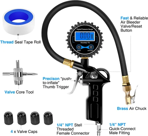 Miniatura 7 de Nilight 50026R Inflador de neumáticos digital con manómetro, 250 PSI, portabrocas de aire y accesorios de compresor resistentes con manguera de goma