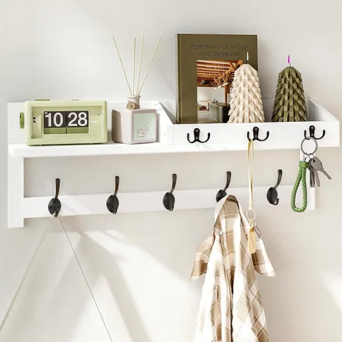 Miniatura 12 de AMBIRD Ganchos de pared con estante, ganchos de abrigo de madera para entrada de 26.57 pulgadas para pared, perchero de pared montado en pared con 5