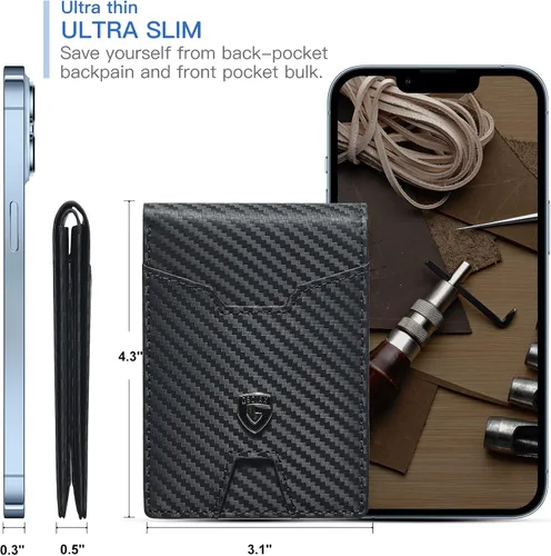 Miniatura 3 de GSOIAX Billetera delgada para hombre con bloqueo RFID carteras plegables para hombre minimalista cuero auténtico fibra de carbono clip para dinero