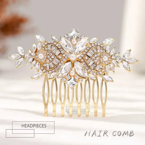 Miniatura 2 de Foyte Peine de pelo de novia de cristal, tocados de novia con flores plateadas, piezas de pelo de hoja con diamantes de imitación, peines laterales