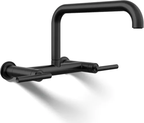 KOHLER Purist Grifo de fregadero de cocina de dos agujeros para montaje en pared con boquilla de 13-7/8 pulgadas, negro mate
